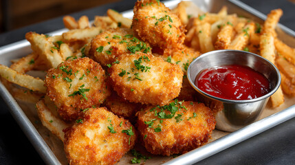 Fried chicken nuggets and french fries with ketchup