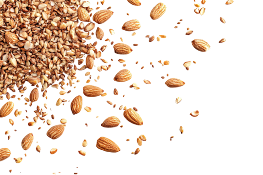 Almonds and seeds scattered, merging from heap to sparse on a dark backdrop
