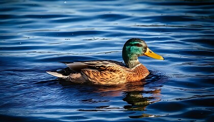A colorful male waterfowl floats calmly on blue, shimmering water. It has a distinctive green head and orange breast, with sunlight reflecting