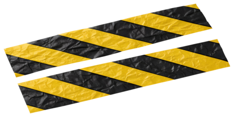 Two pieces of yellow and black striped caution tape with a crumpled texture lie diagonally, shown on a transparent png background, isolated.