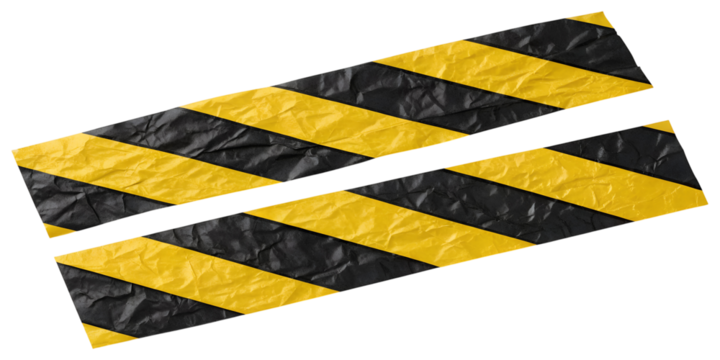 Two pieces of yellow and black striped caution tape with a crumpled texture lie diagonally, shown on a transparent png background, isolated.