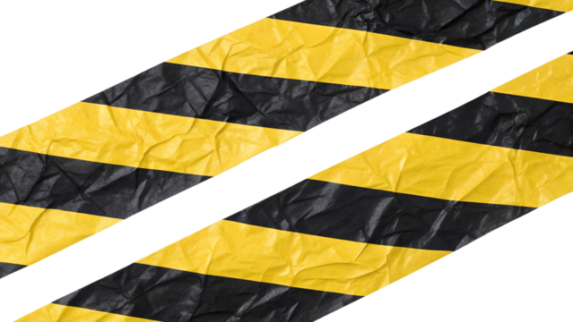 This transparent png image features isolated crumpled black and yellow diagonal warning stripes, conveying a clear hazard or danger message.