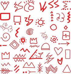 Collection of hand drawn red tribal symbols and ancient pictographs on a white background