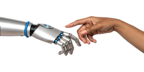 A silver robot arm with bright blue details extends its metallic fingers to touch a human hand, illustrating a future connection. Transparent png isolated.