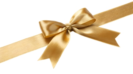 A shimmering gold satin ribbon is tied into a bow shape, placed diagonally, isolated on a transparent PNG background.