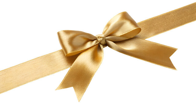 A shimmering gold satin ribbon is tied into a bow shape, placed diagonally, isolated on a transparent PNG background.