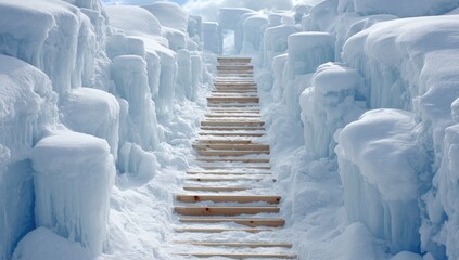 Wooden stairs ascend through a winter wonderland, ice formations surround the path