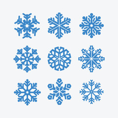 Snowflake icons Set, A collection of nine different intricately designed blue snowflake icons unique pattern.