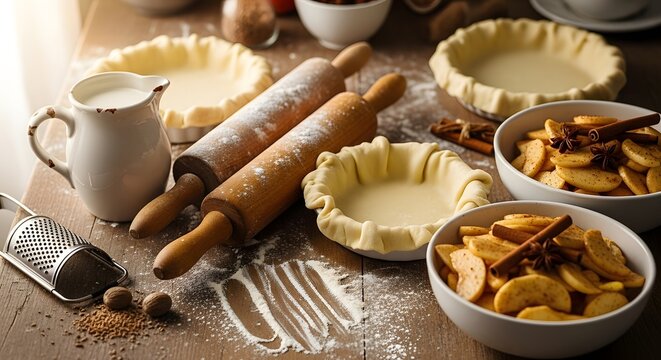 Festive Thanksgiving Day Baking and Cooking Preparations with Pastry Dough and Spiced Apple Cider - Powered by Adobe