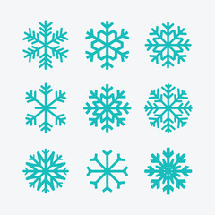 Snowflake icons Set, A collection of nine different intricately designed blue snowflake icons unique pattern.