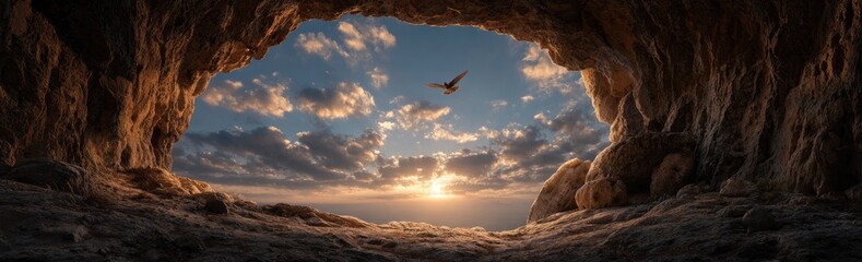 Naklejka premium Sunrise through a cave opening