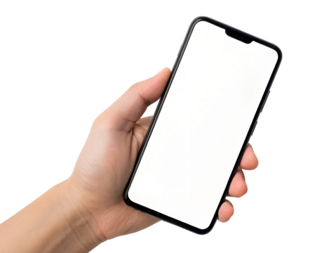 A hand gently holds a modern black smartphone with a blank screen, perfect for your digital design content. Transparent png isolated file.