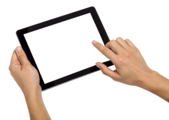 Hands hold a black digital tablet device with a finger touching the blank screen, isolated on a transparent png background.