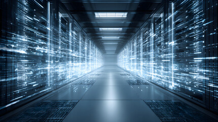 Data center server room visualizing digital information flow