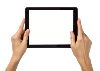 Two hands grasp a sleek black digital tablet, holding its blank white screen upright, perfect for content display, transparent png isolated.