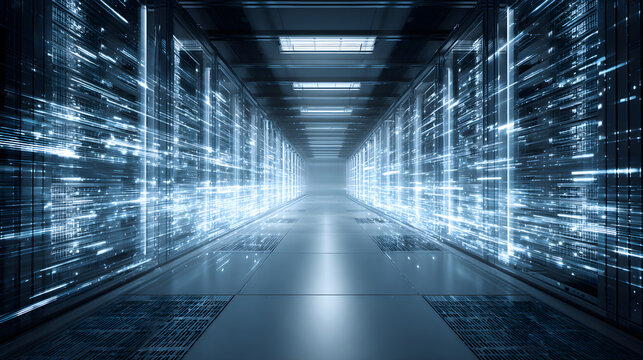 Data center server room visualizing digital information flow