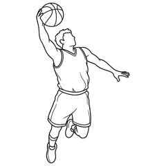 Outline Vector Illustration of Basketball Player Dunking. Minimalist Black Line Art Sketch of an Athlete Jumping to Score. Graphic Concept for Sports, Fitness, Competition, and Motivation.