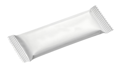 A blank white packaging wrapper for a snack bar or candy, isolated and angled on a transparent background. PNG image.