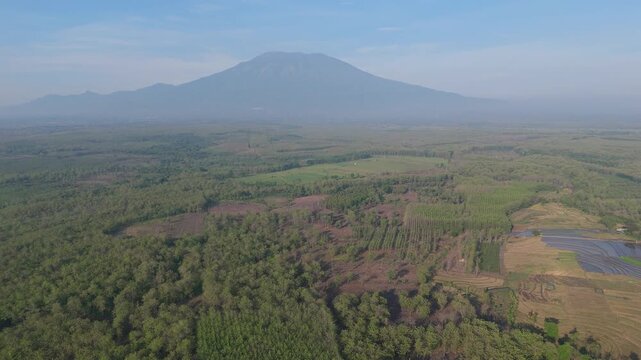 Aerial view of tropical countryside with green farmland and a mountain under blue sky in Indonesia. Lawu mountai, east java