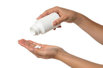 One hand pours white round pills from a simple white bottle into another open hand, showing medication dispensing, transparent png isolated.