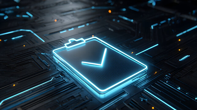 Digital clipboard with checkmark on futuristic circuit board