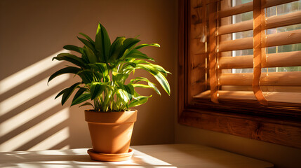 Houseplant in terracotta pot getting sunlight through blinds