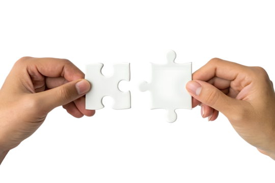 Two hands carefully hold separate white puzzle pieces, preparing to connect them, showing collaboration and a coming solution. Isolated transparent png.