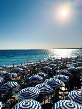 Sunny Beach Bar, Blue Water And Parasols &ndash; Mediterranean Coast - Promenade des Anglais, C&ocirc;te d'Azur, Nice, France