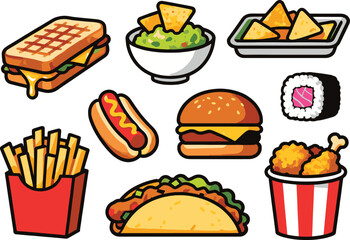 vector icons featuring various popular fast food and snack items