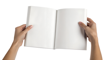 Two hands hold an open blank white book with empty pages, ready for text. This transparent png image is isolated.
