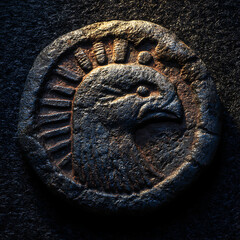 vintage weathered metal token with eagle profile dark dramatic lighting numismatic collectible photography
