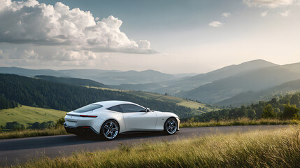 Naklejka premium White luxury sports car driving mountain road