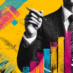 vintage graphic design hand holding pen over vibrant bar chart economic data presentation