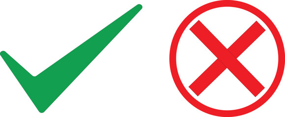 Green check mark and red cross isolated on white background