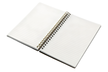 An open spiral notebook with blank lined paper is ready for notes or ideas, presented as a transparent png isolated item.