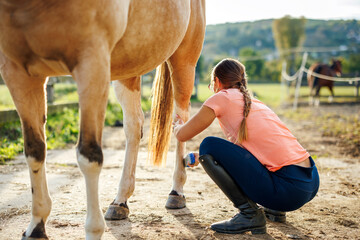 Woman rancher brushing and grooming horse legs after horseback riding at paddock. Animal farm work