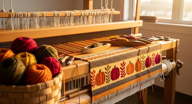 Homemade Thanksgiving Craft Space Showcasing Autumn Themed Textile and Yarn Supplies