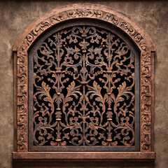 antique wrought iron window grille gothic architectural detail ornate metalwork rustic texture dark background