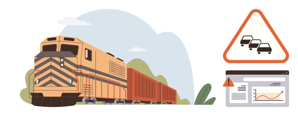 Freight train moving on tracks with a triangular traffic warning sign and a webpage displaying traffic data. Ideal for logistics, safety, technology, transportation, analytics, railway systems