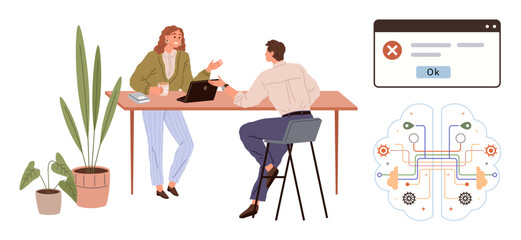 Two colleagues discussing technology solutions, a laptop, a window with an error message, AI brain graphics, and indoor plants. Ideal for IT support, teamwork, AI, error management innovation