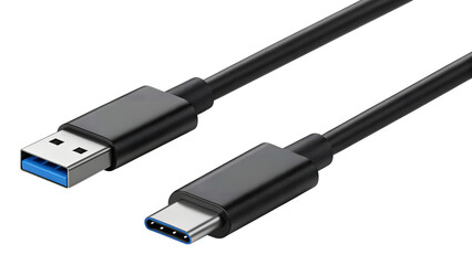 A black USB A to USB C cable for fast data and power transfer. This transparent png image is completely isolated.
