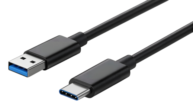 A black USB A to USB C cable for fast data and power transfer. This transparent png image is completely isolated.