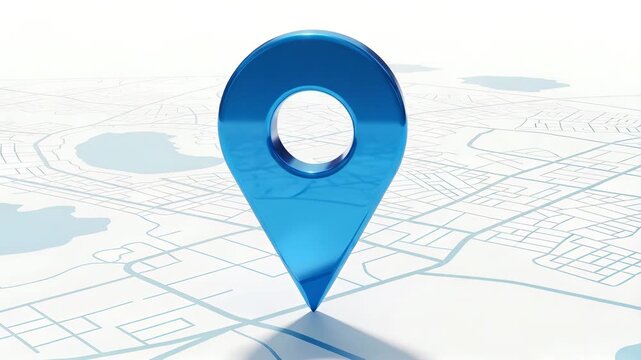 Blue 3d map pin icon on a stylized city map background