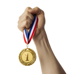 A triumphant hand proudly clenches a gleaming gold medal showing number one, symbolizing ultimate victory and success, transparent png isolated.