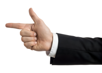 A hand wearing a suit sleeve points directly forward with an extended index finger and upright thumb. This transparent, isolated png image is ready.