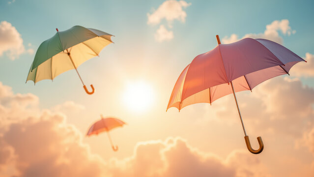 Floating umbrellas against bright sky create whimsical and dreamy atmosphere, evoking feelings of joy and wonder