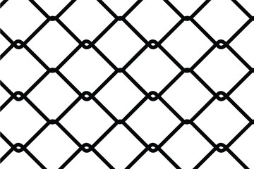 Fototapeta premium Seamless black outline vector pattern of a chain link fence or wire mesh. Interlocking diamond grid texture representing security, barrier, and enclosure. Flat, graphic, and isolated on white.