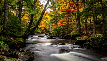 A flowing river winds through a vibrant forest with colorful autumn foliage overhead. Long exposure blurs water movement
