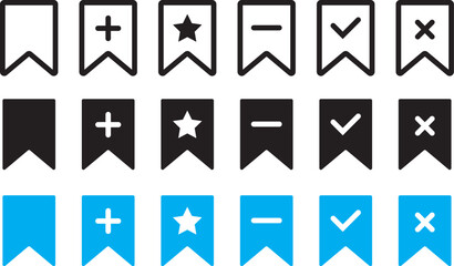 Bookmark Add and remove  icon set. plus and minus sign. Includes save, check and cross symbols. Bookmark action icons with symbols Vector
