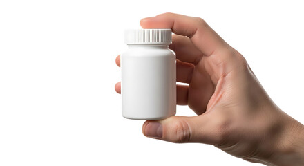 Hand holding a white plastic bottle for pills or supplements product